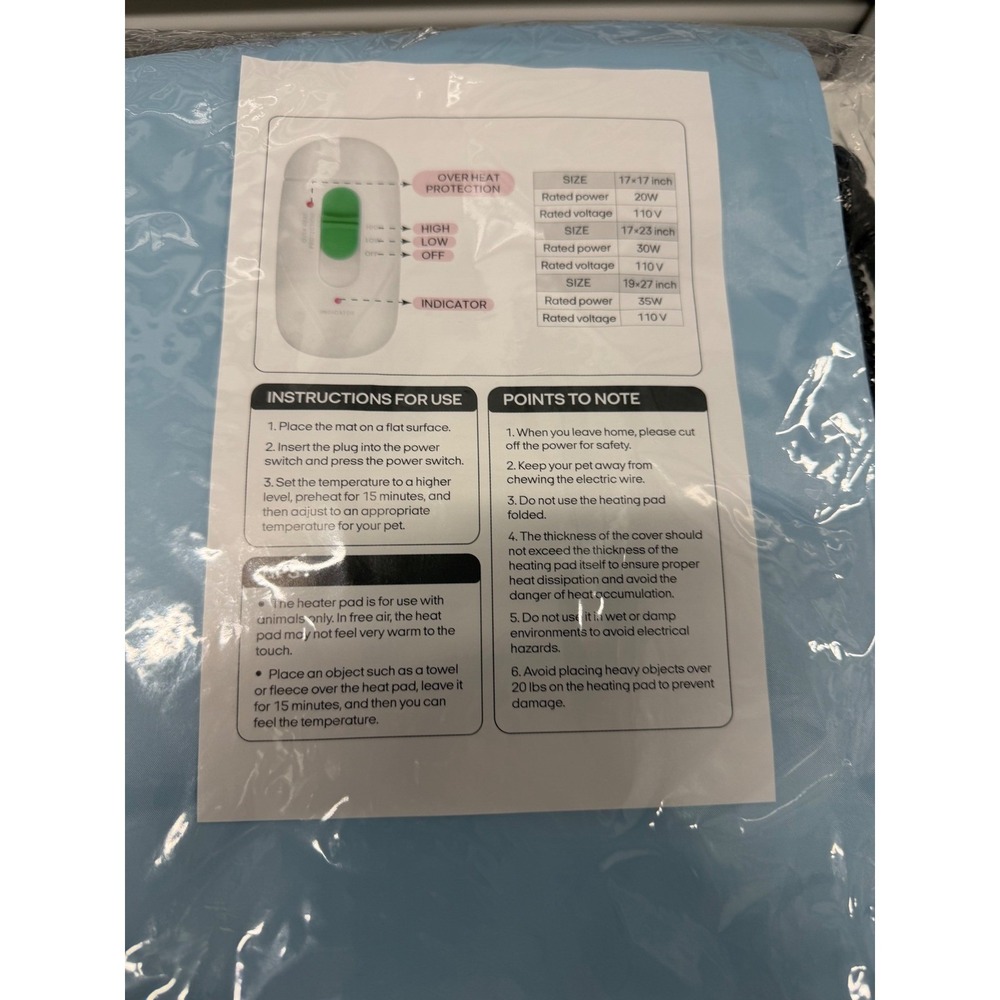 Electric Pet Heating Pad 17x23 Blue Waterproof Mat with Overheat Protection 30W